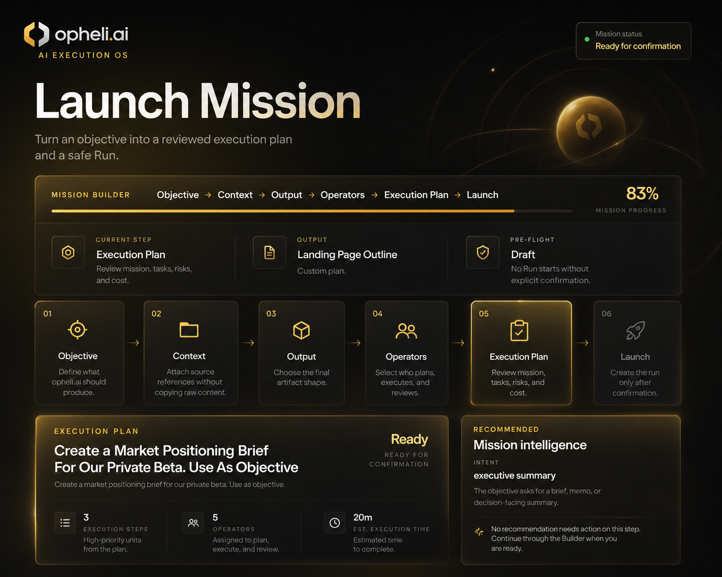 opheli.ai Mission Builder execution plan preview